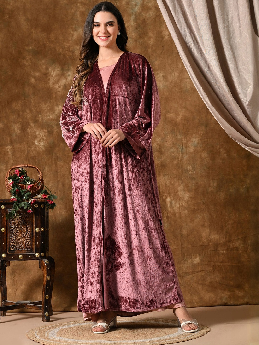 Demure by shiba Women Floral Embroidered Round Neck Maxi Jacket and Dress