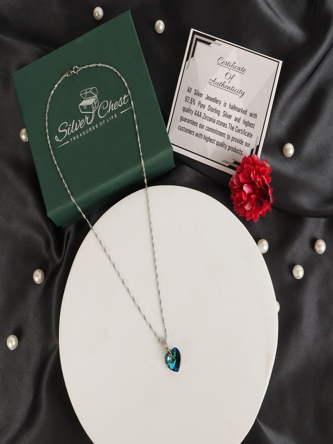 Silver Chest 92.5 Silver Artificial Stones Studded Heart Shaped Charm Pendant With Chain