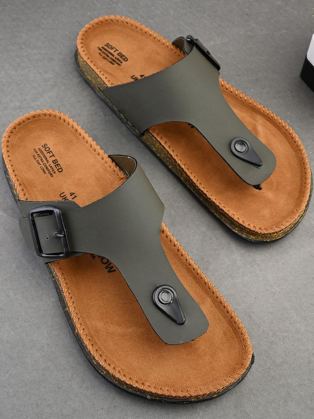 HERE&NOW Men Green Suede Slip-On Comfort padded sandals