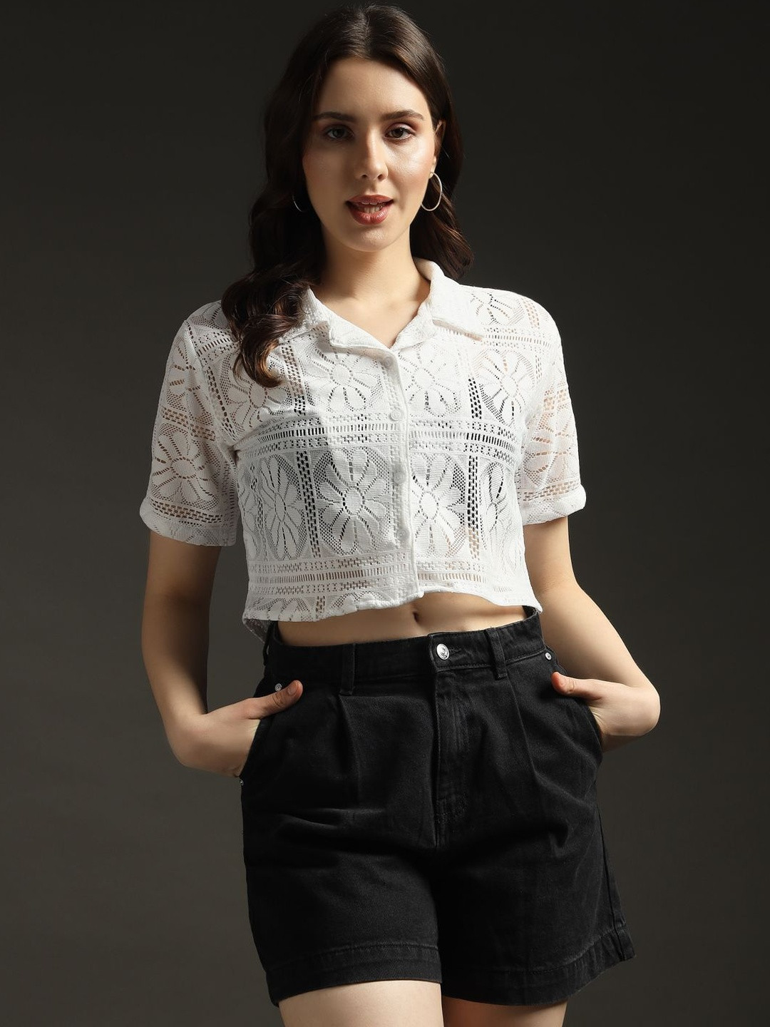 emeros Women Floral Self Design Lace Inserts Lapel Collar Shirt Style Net Crop Top