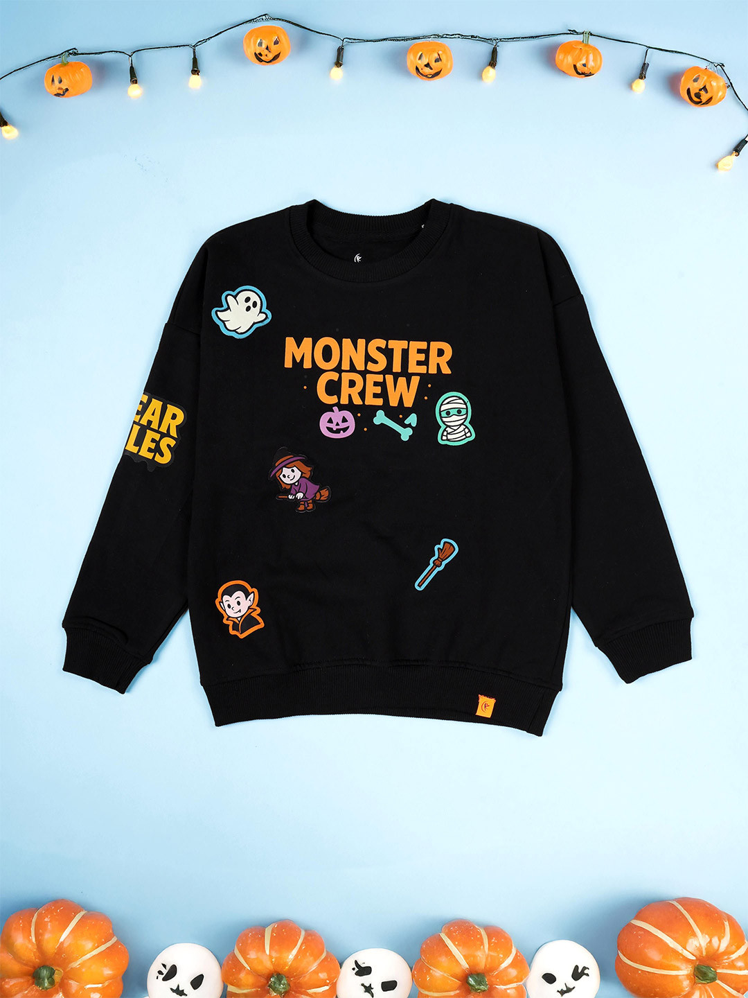 KiddoPanti Boys Round Neck Sweatshirt with Halloween Themed Badges and Print