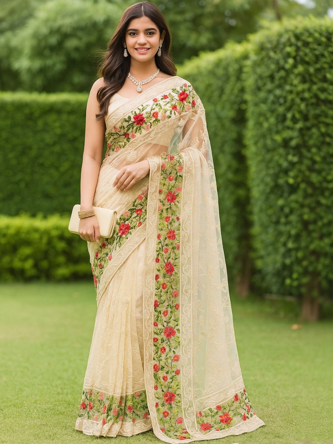 HERE&NOW Womem Cream & Multi Color Floral Embroidered Boarder Net Designer Saree