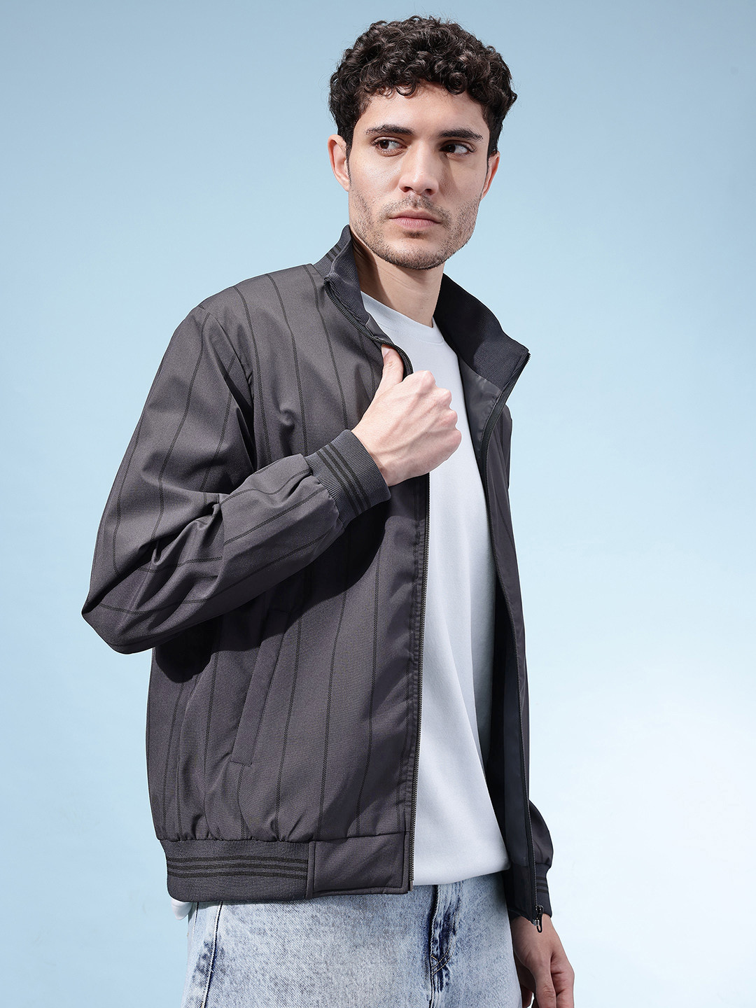 SZN Stiped Mock Collar Windcheater Bomber Jacket