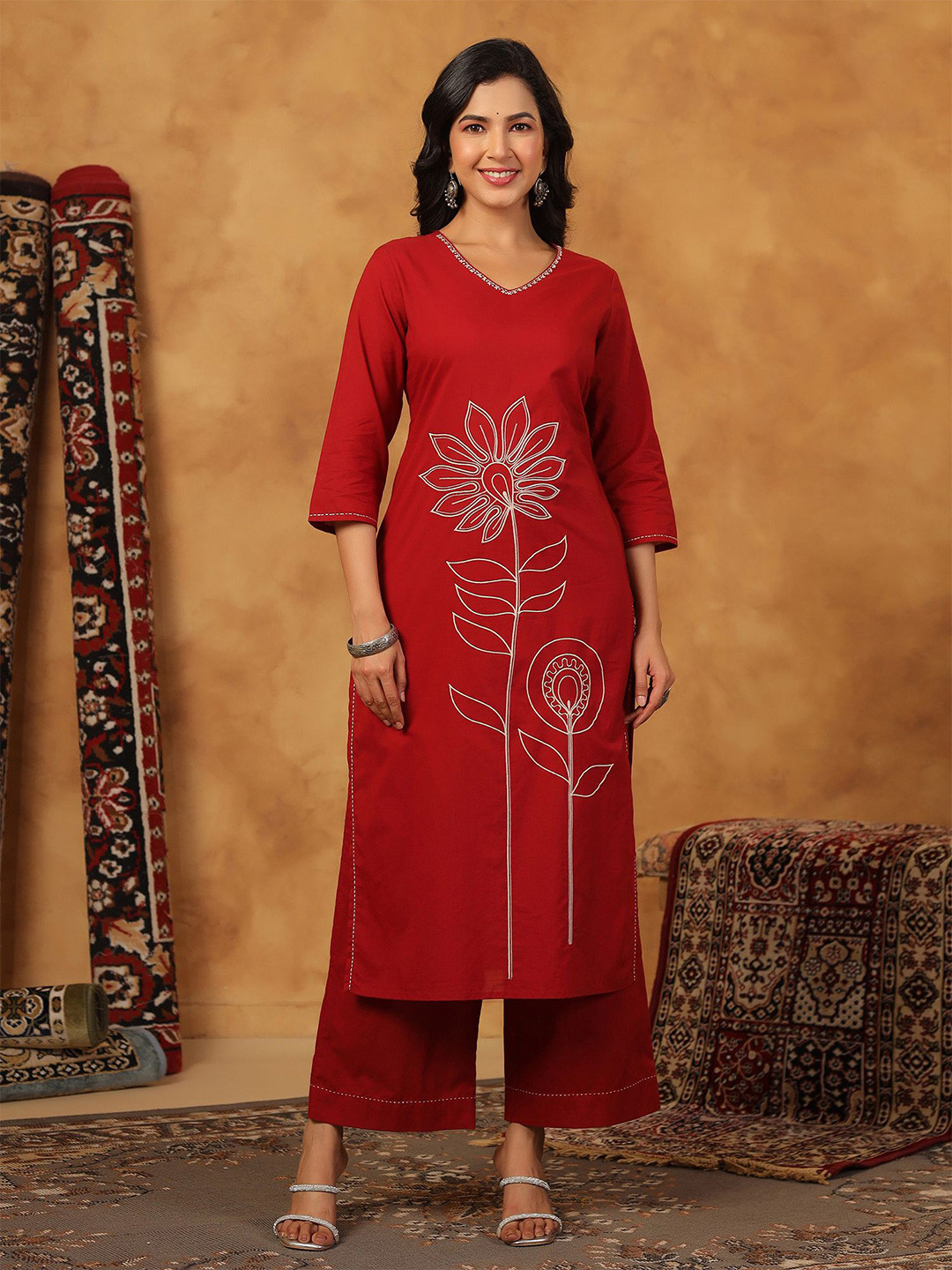 PIROH omens Cotton Solid and Embroidered Straight Kurta Palazzo Set