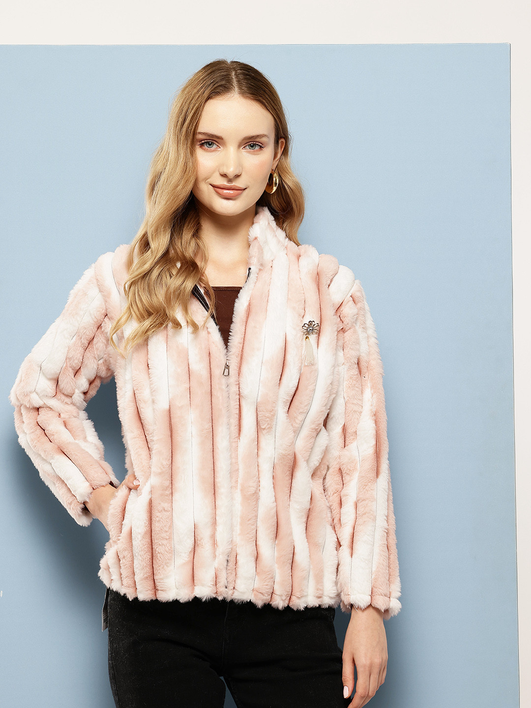 Aarika Self-Striped Tie & Dye Effect Faux Fur Detail Wool Tailored Jacket