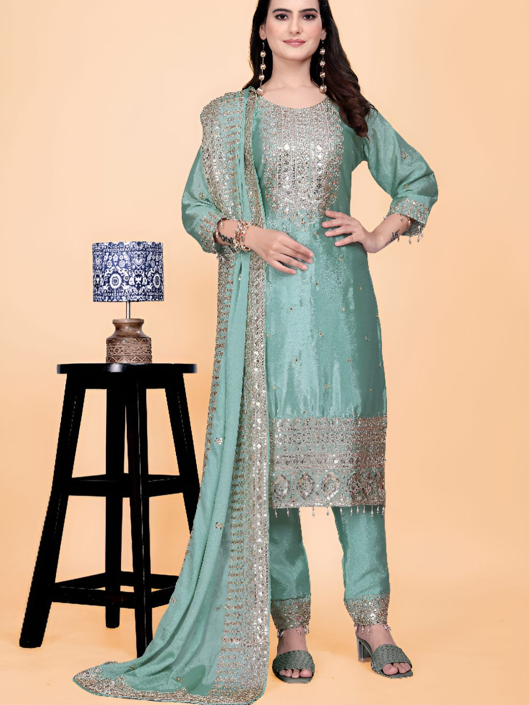 ANVERI TEXTILES Women Ethnic Motifs Embroidered Kurta with Trousers & Dupatta