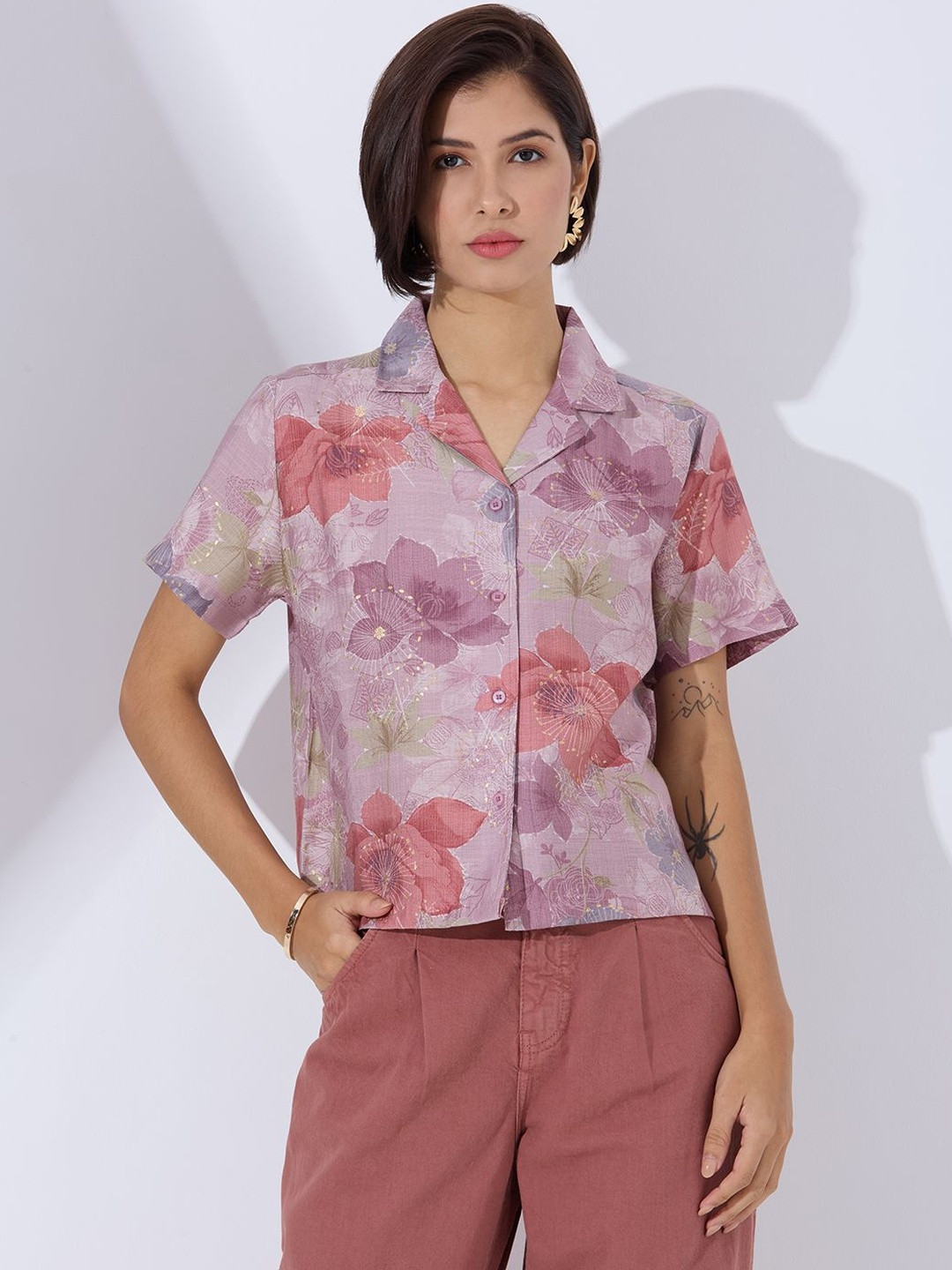 HERE&NOW Women Rose Floral Printed Boxy Synthetic Premium Shirts
