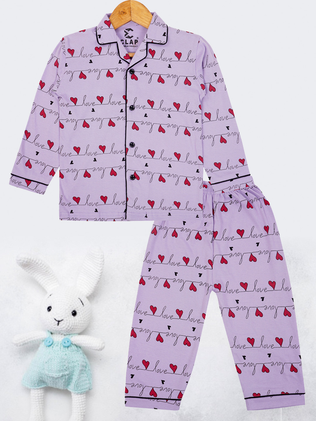 CLAP Girls Heart Print Cotton Night Suit