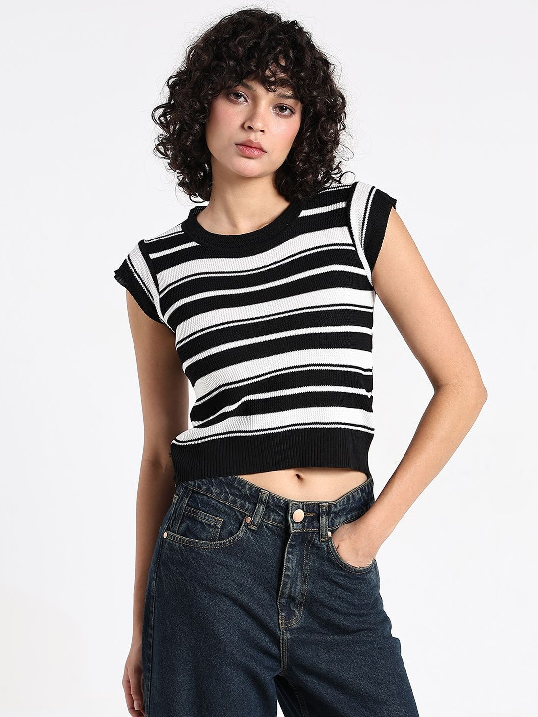 SHOWOFF Women Acrylic Striped Black Fitted Short sleeves Top