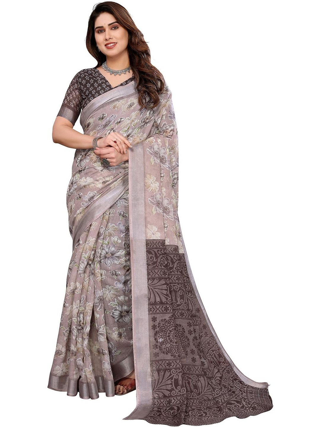 Moda Rapido Grey Cotton Linen Blend Saree with Soft Floral Print