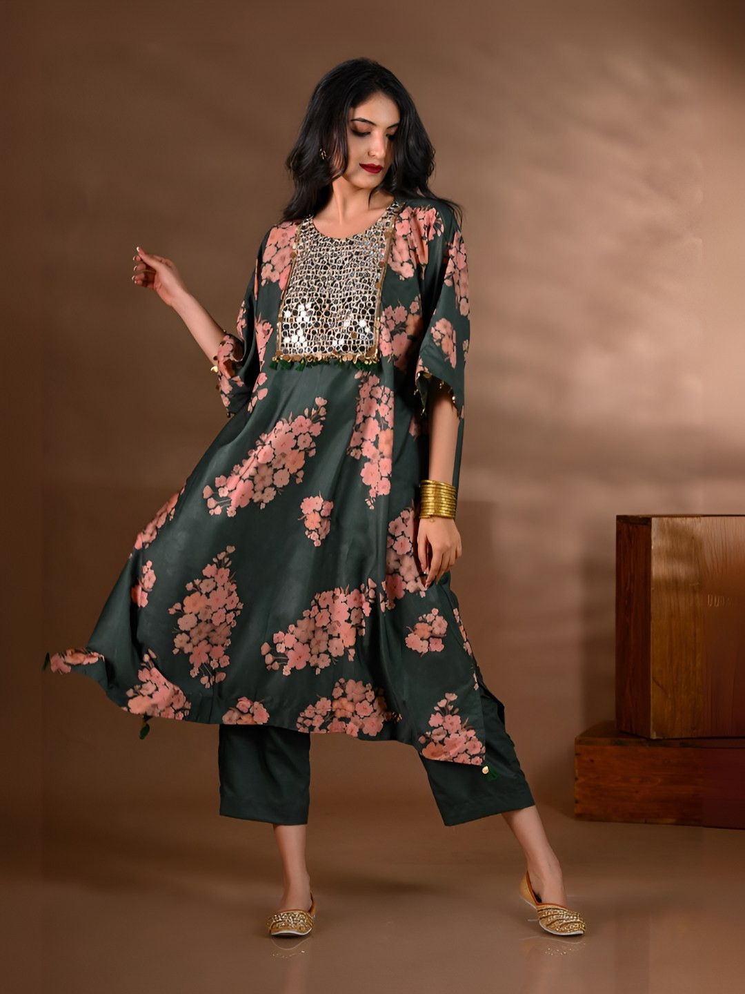 SHOP GULMOHAR Floral Printed Mirror Work Silk Crepe Kurta With Trousers