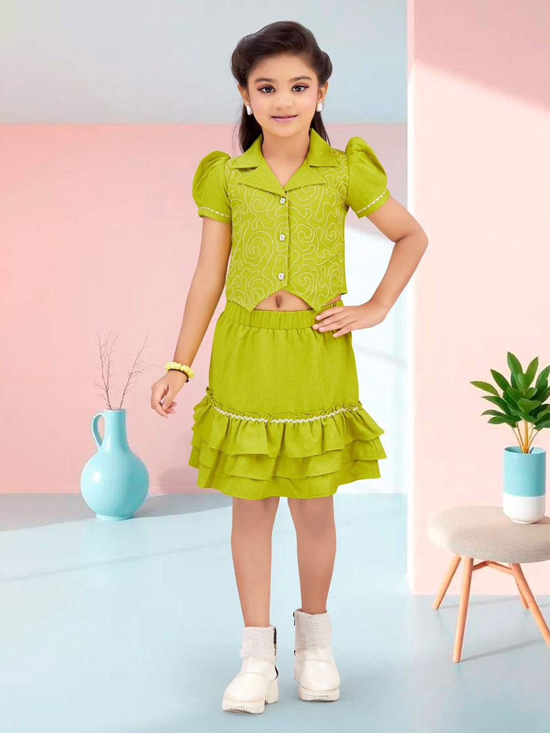 Lei-Chie Girls Embroidered Puff Sleeves Linen Shirt With Skirt