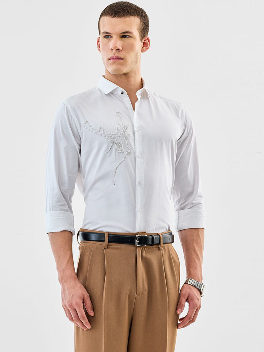 Snitch Animal Embellished Slim Fit Pure Cotton Formal Shirt