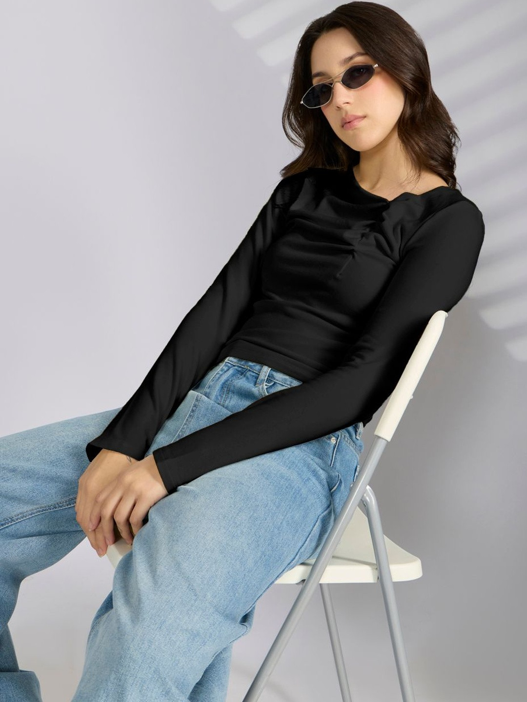 SHOWOFF Women Black Fitted Long Sleeves V-Neck Top