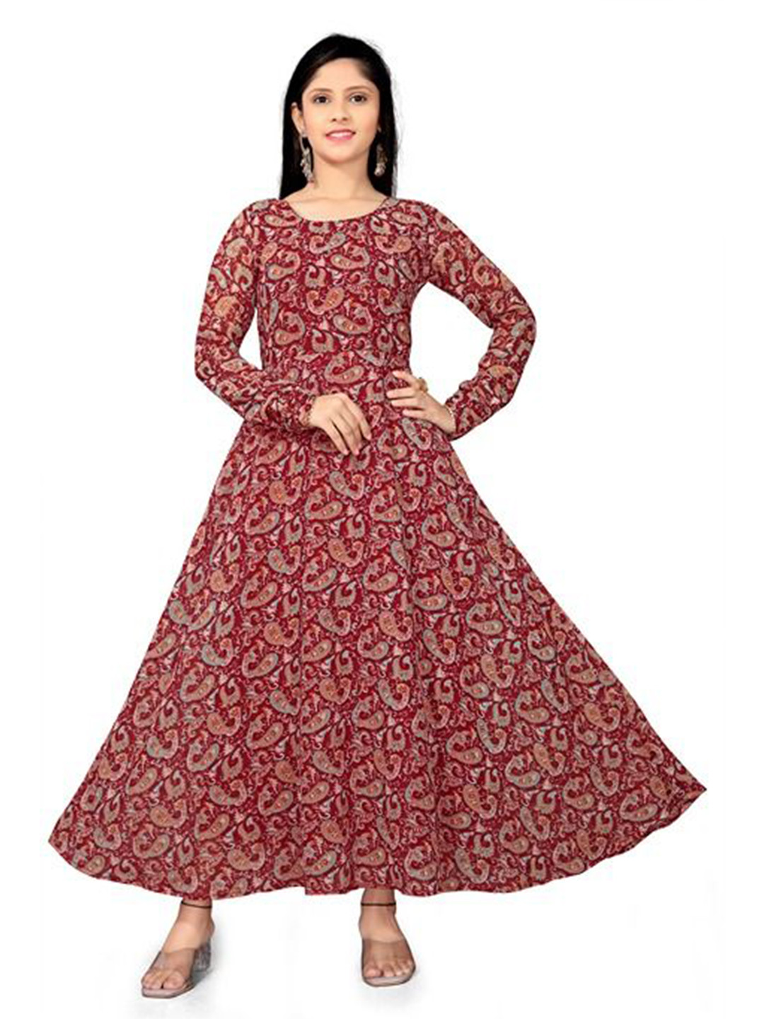 Aarya Designer Girls Paisley Print Long Sleeve Maxi Dress