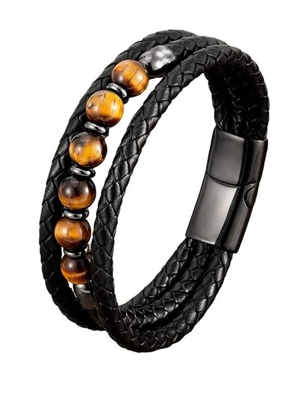 EDMIRIA Unisex Tiger Eye Black Leather Bracelet