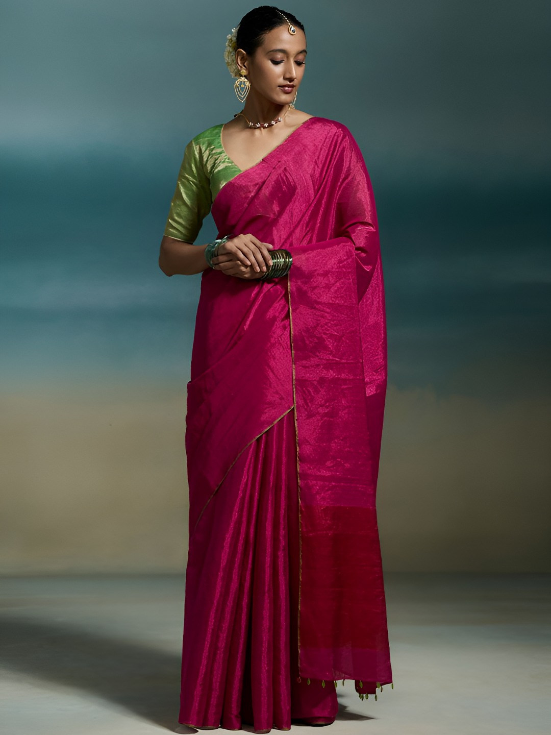 Dressfolk Rani Pink Tissue Handwoven Chanderi Saree with Green Selvedge & Red Block Pallu