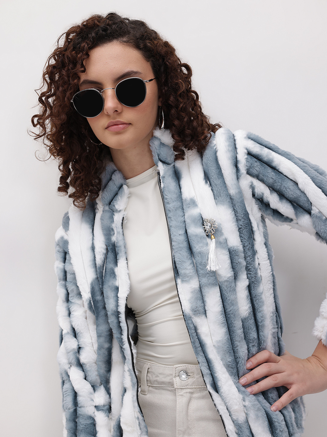 The Roadster Life Co. Self-Striped Tie & Dye Effect Faux Fur Detail Wool Tailored Jacket
