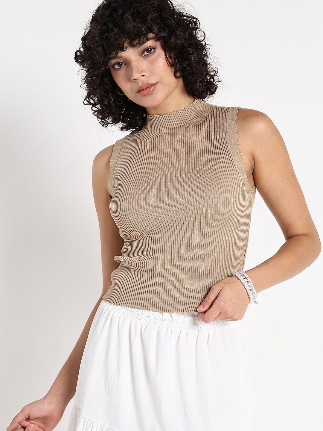 SHOWOFF  Women Beige Acrylic Solid Ribbed Nigh Neck Fitted Top