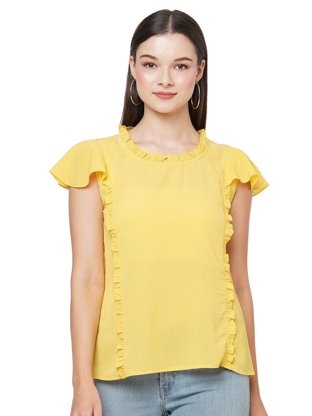 G0-4 IT Women Ruffles Round Neck Flutter Sleeve Georgette Top