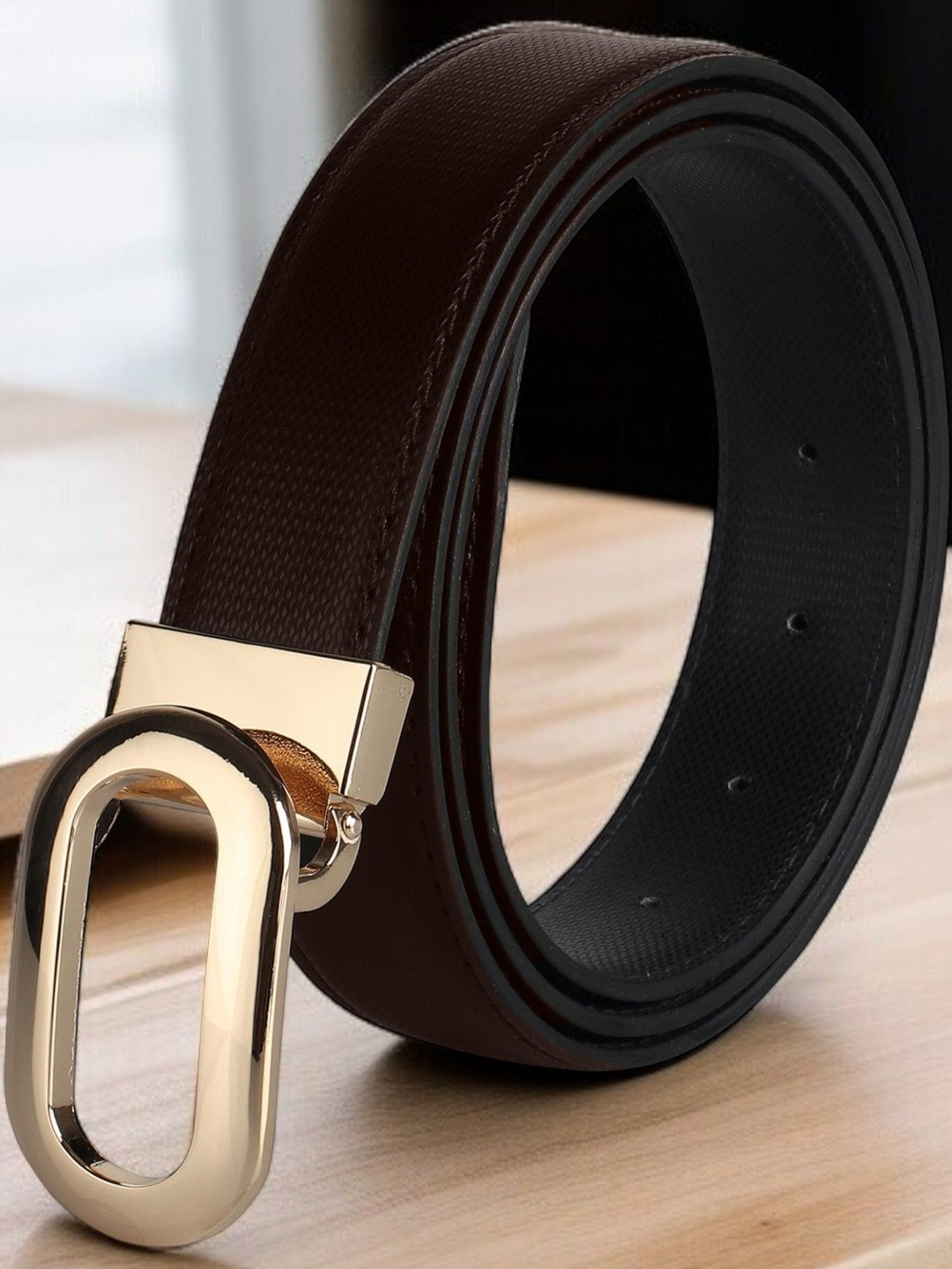 Roadster Men Brown & Golden Buckle & Textured PU Reversible Formal Belt
