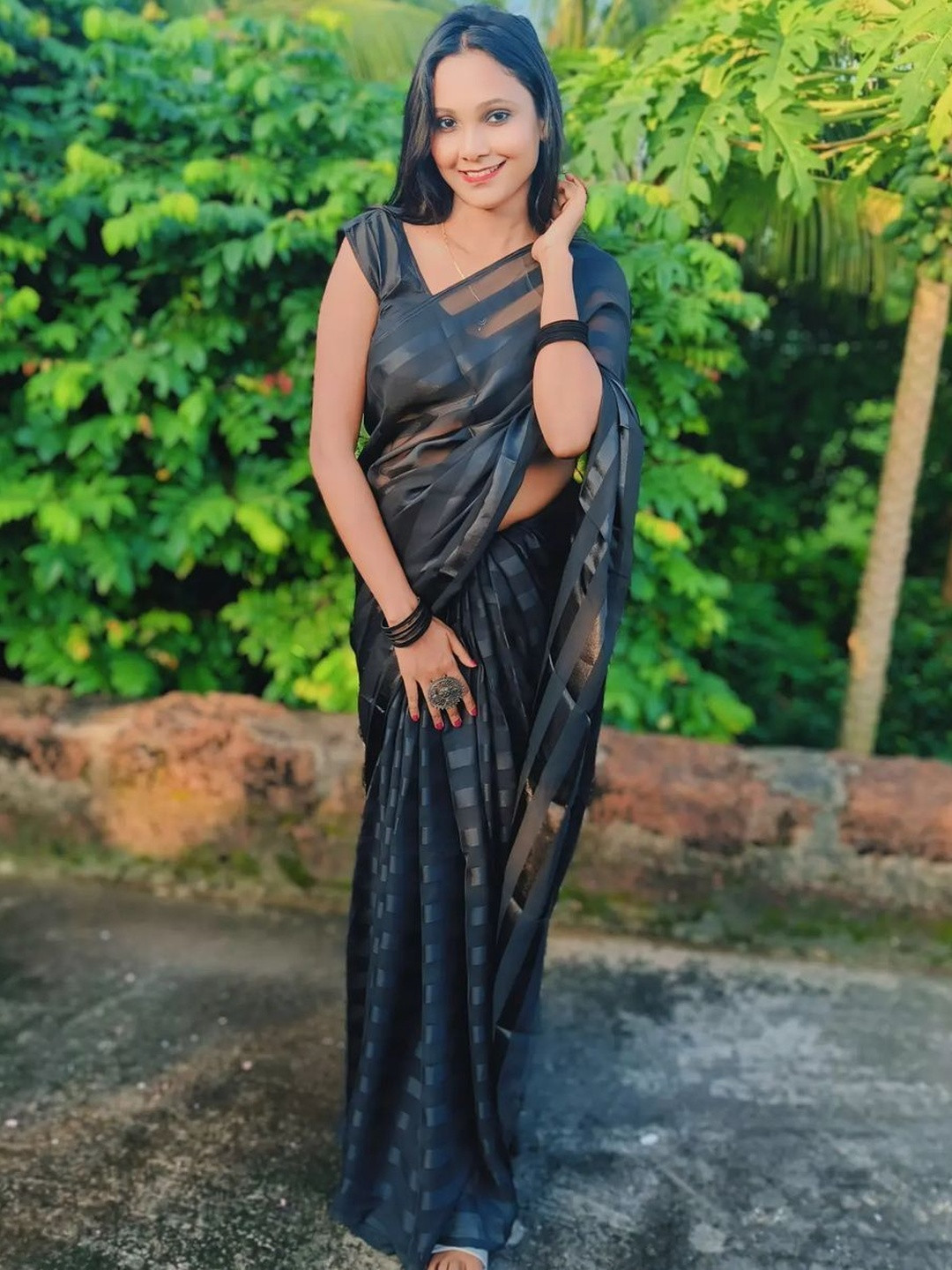 Moda Rapido Striped Embellished Satin Sarees With Blouse Piece