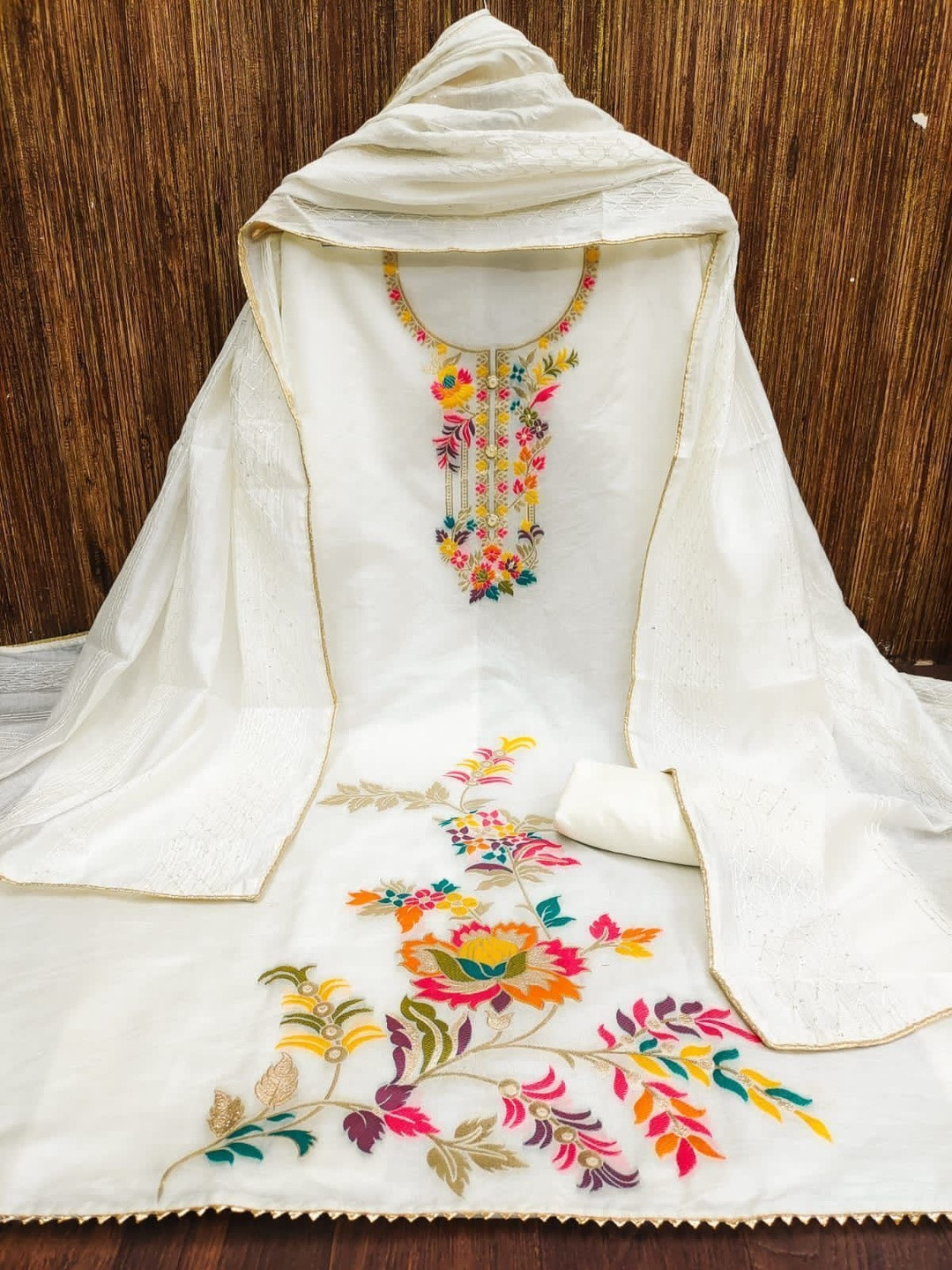 Moda Rapido White Banarasi Jacquard Dress Material