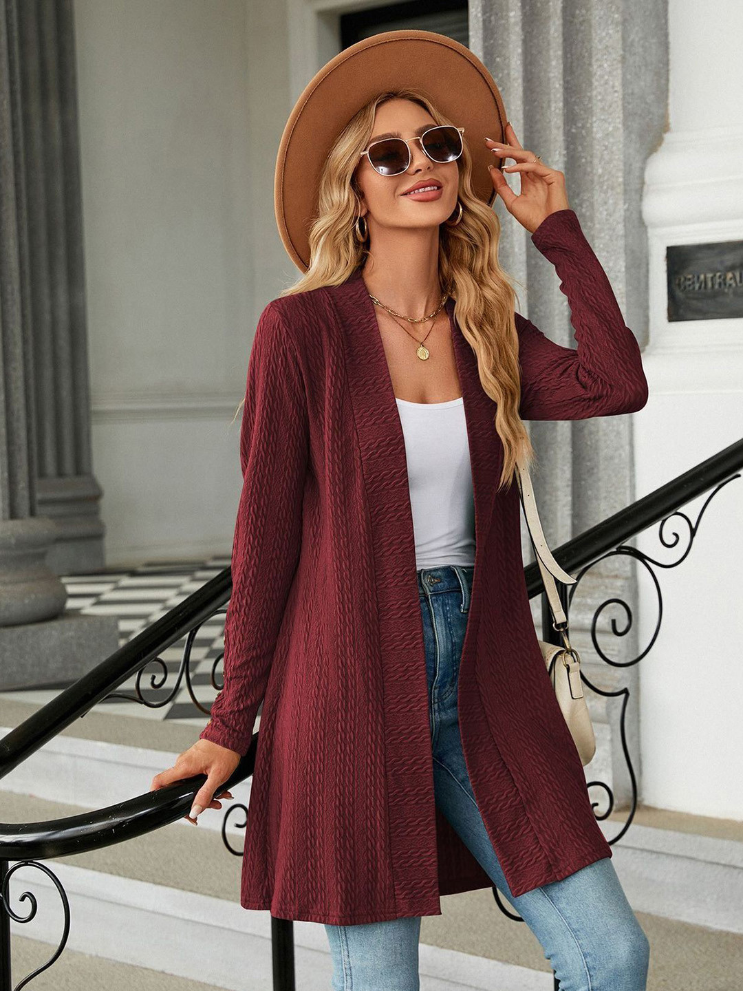 Outzidr Full Sleeves Self Design Longline Shrug