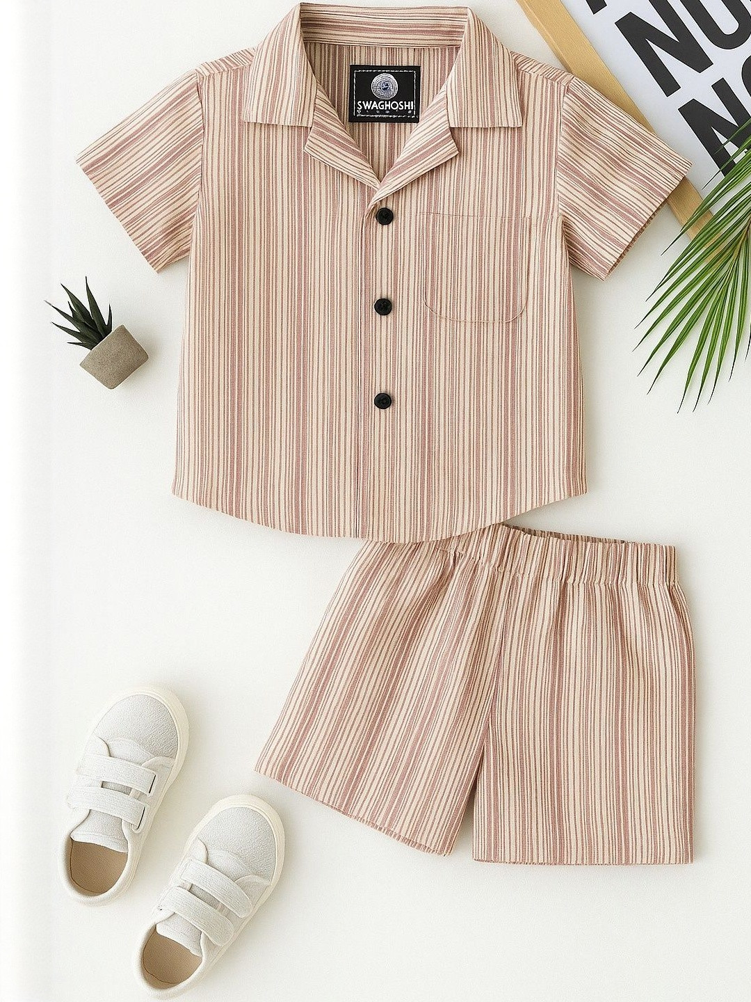 SW SWAGHOSH Boys Beige Striped Viscose Rayon Shirt with Shorts Clothing Set