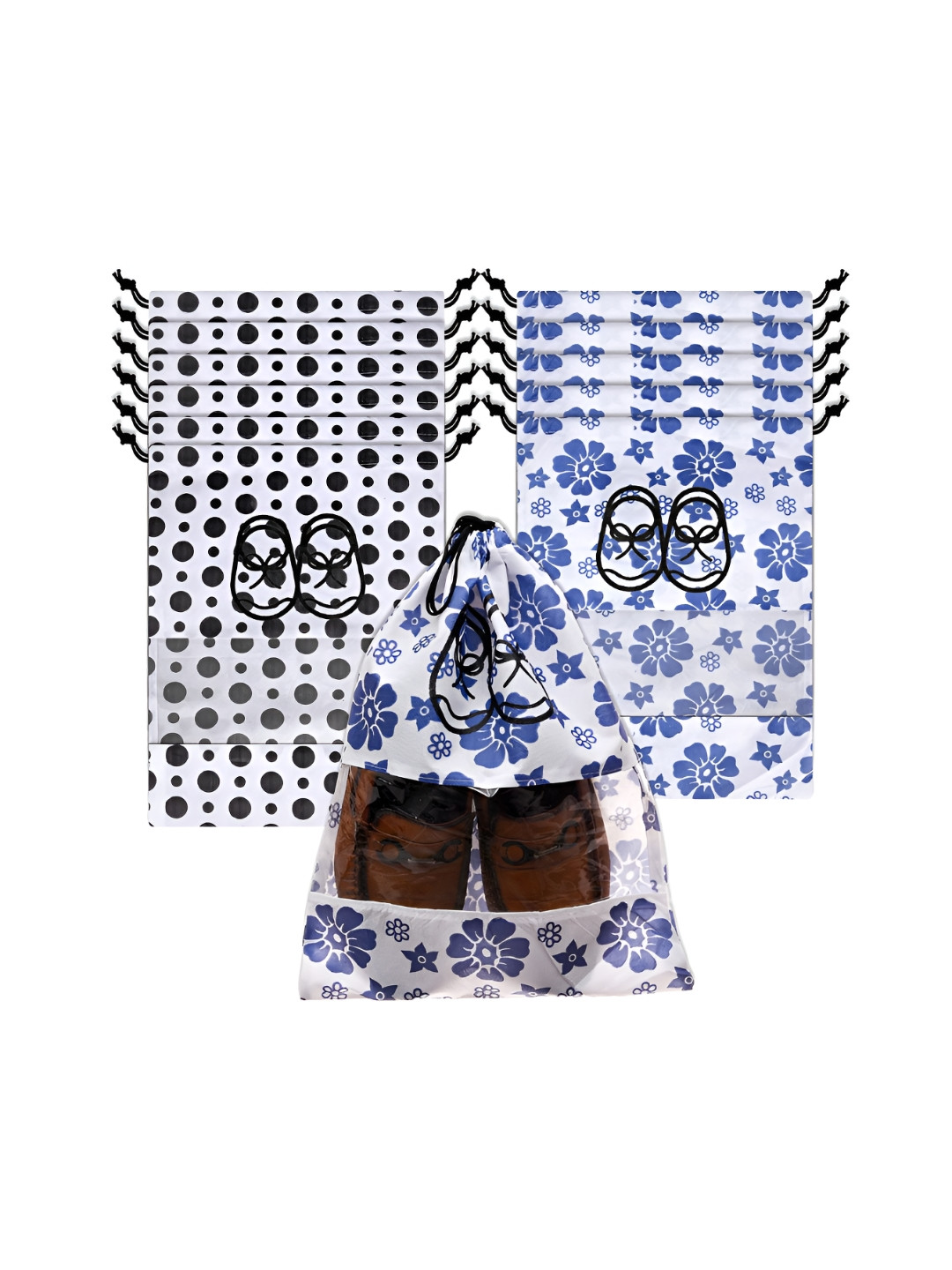 Aura White & Blue 12 Pieces Printed Shoe Covers With Drawstring