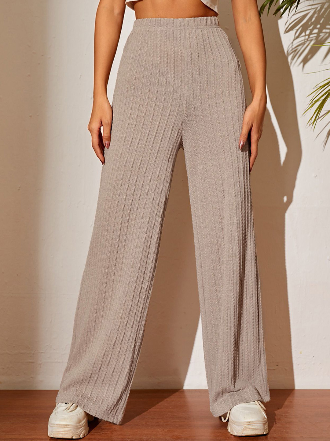 PREMNAD Women Textured High-Rise Flat-Front Trousers