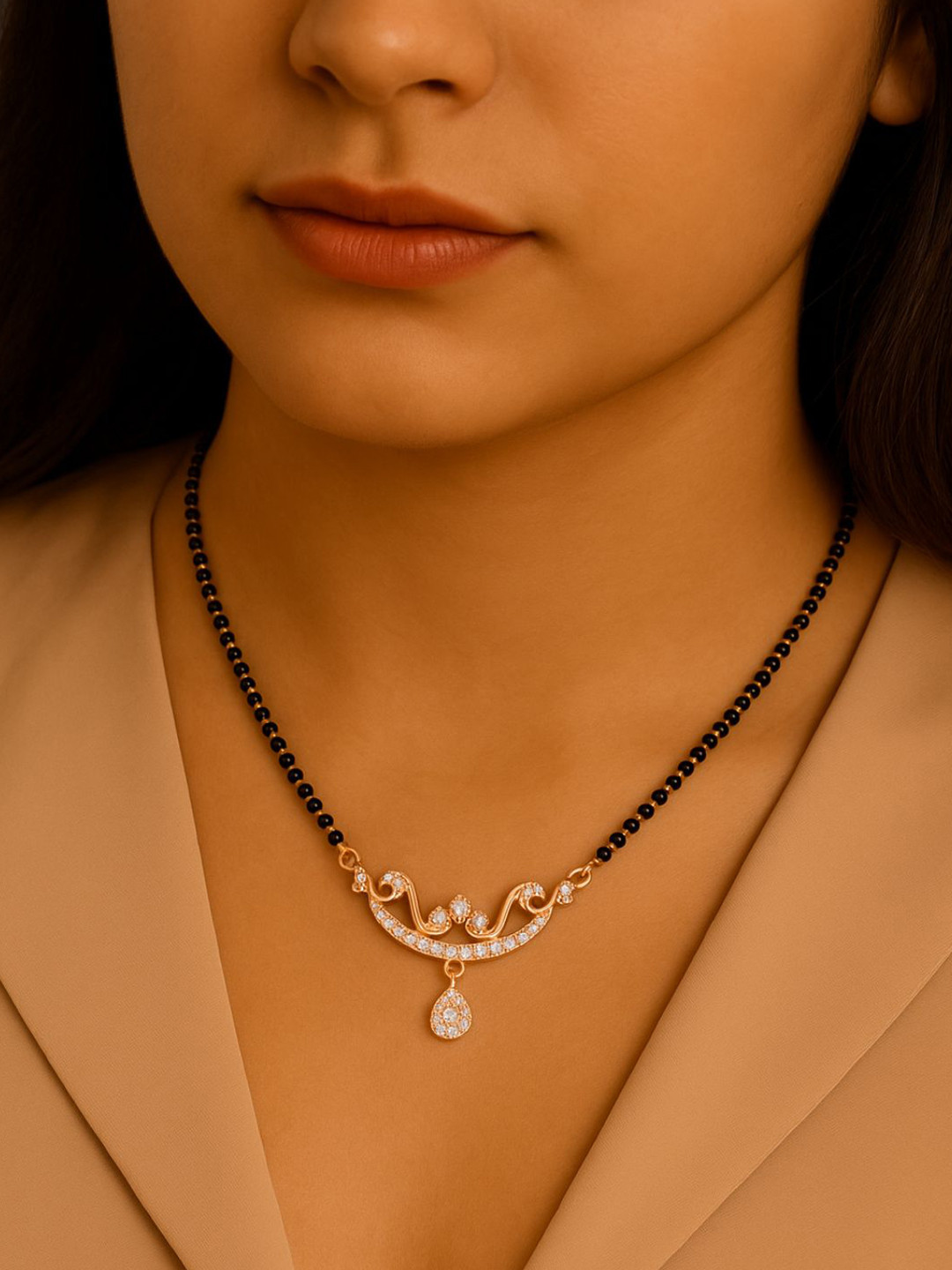 I Jewels Rose Gold-Plated White & Black Stone-Studded & Beaded Mangalsutra With Earrings