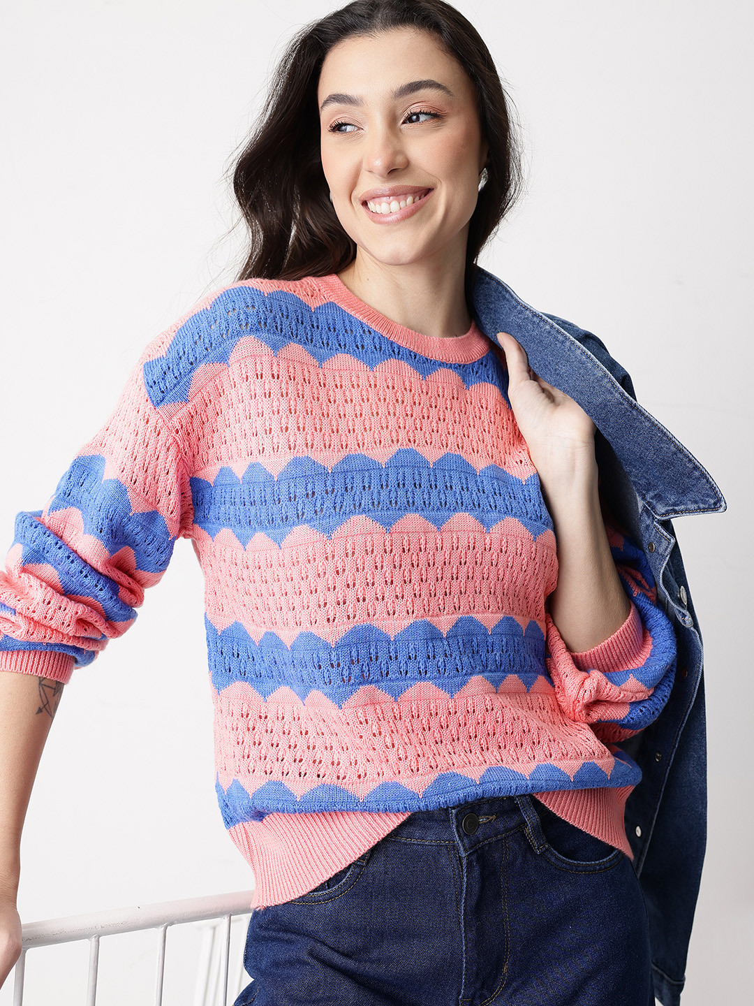 Mast & Harbour Women Self Design Open Knit Striped Pullover