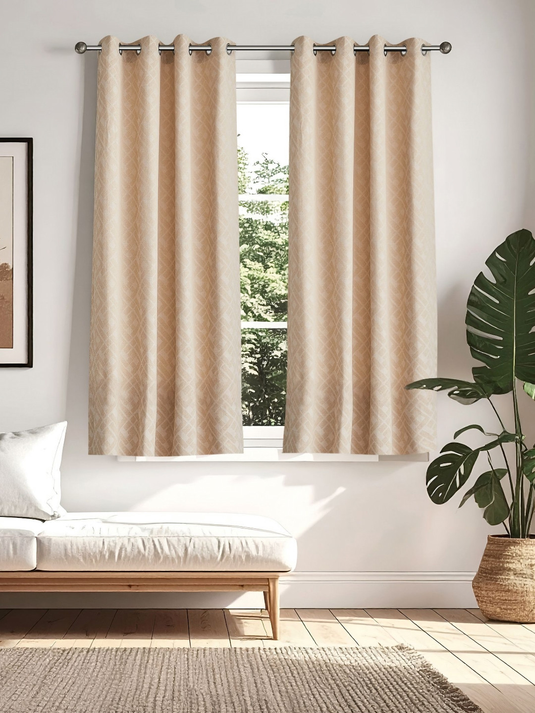 Home Centre Southwalk Beige 2 Pieces Self Design Room Darkening Window Curtains