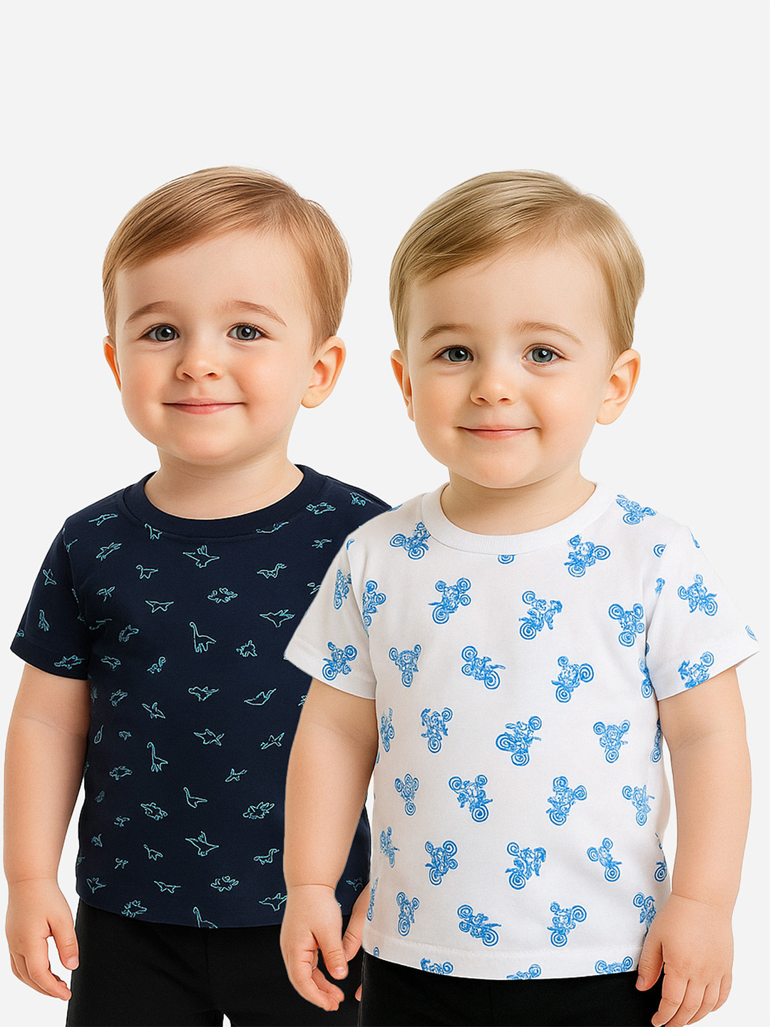 Infant Boys Cotton All Over Print Pack of 2 Casual Round Neck Half Sleeve T-Shirt