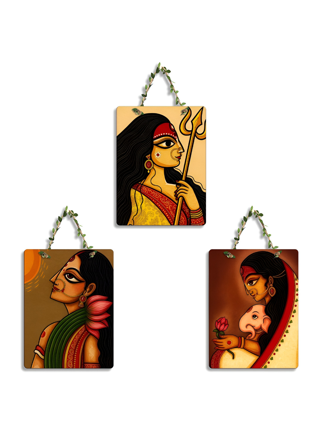 SEHAZ ARTWORKS Yellow & Red 3 Pieces Durga Maa Printed Wooden Wall Arts