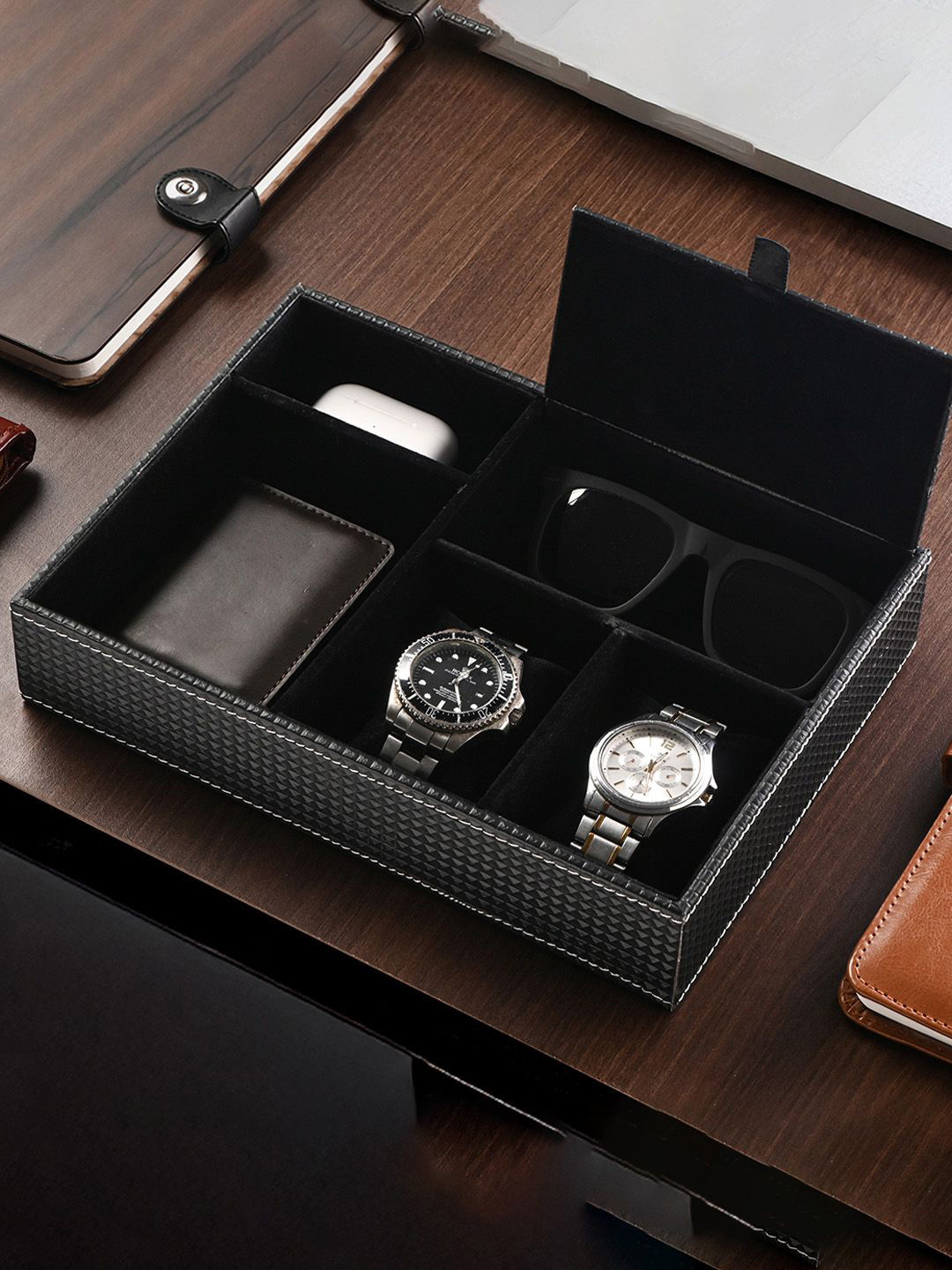 Kuber Industries Check Black Faux Leather Jewellery Box & Sunglasses Watch Organisers