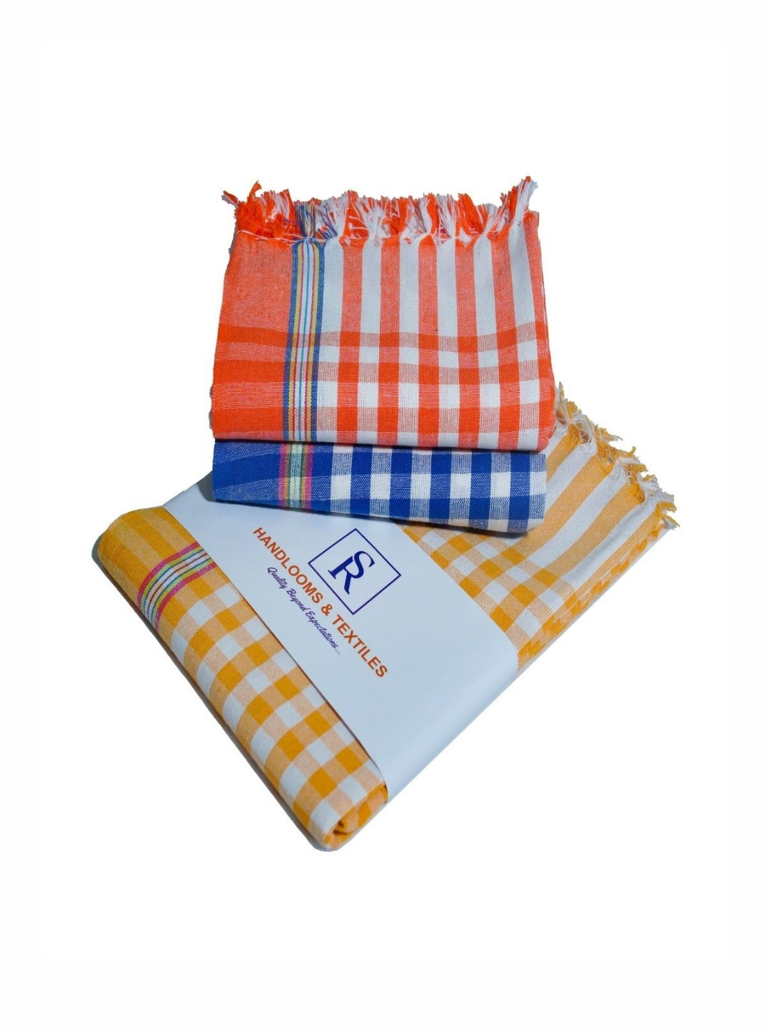 SR HANDLOOMS AND TEXTILES Red & Yellow 3 Pieces Striped Pure Cotton 400 GSM Bath Towels