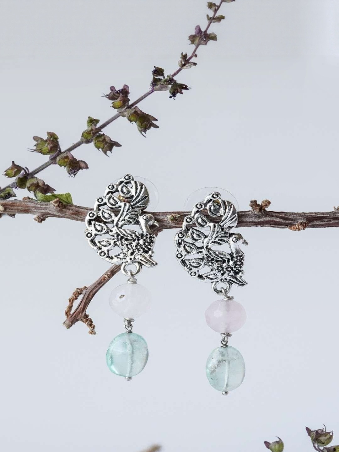 Shrim jewels Brass Plated Carnelian And Agate Beaded Peacock Shaped Oxidised Drop Earrings