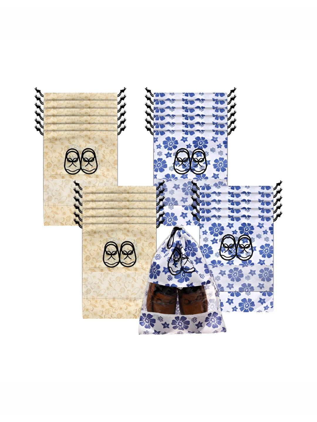 Aura White & Beige 24 Pieces Printed Shoe Covers With Drawstring