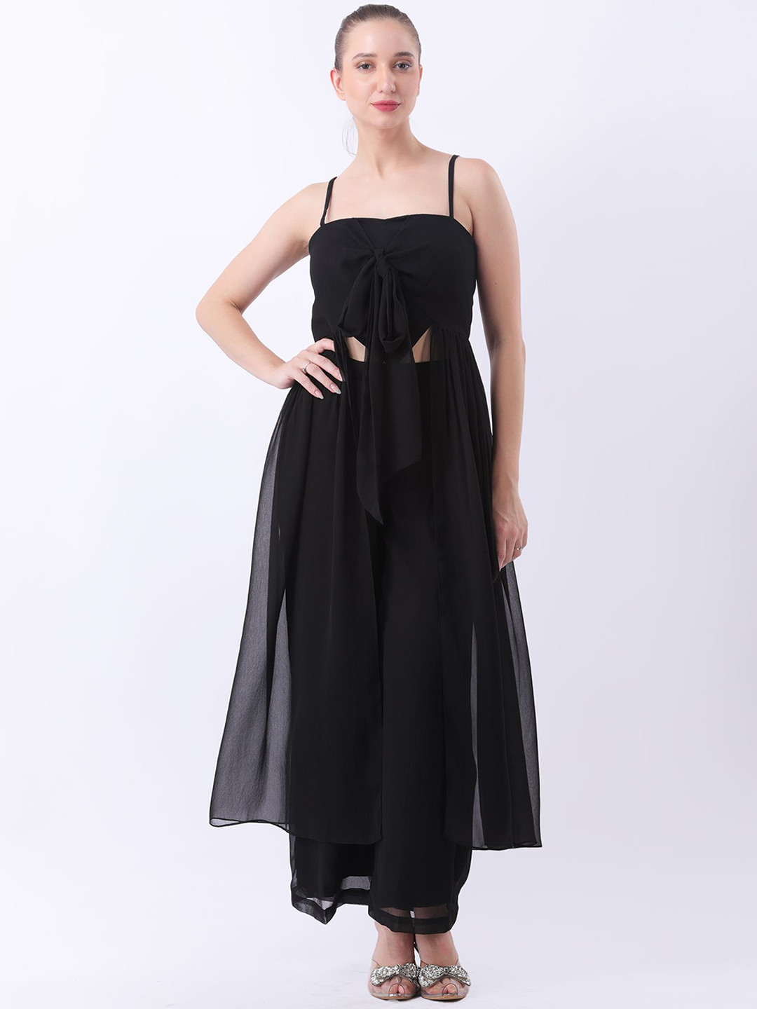 Fashion Gaiia Square Neck Tie Front Top With Trousers