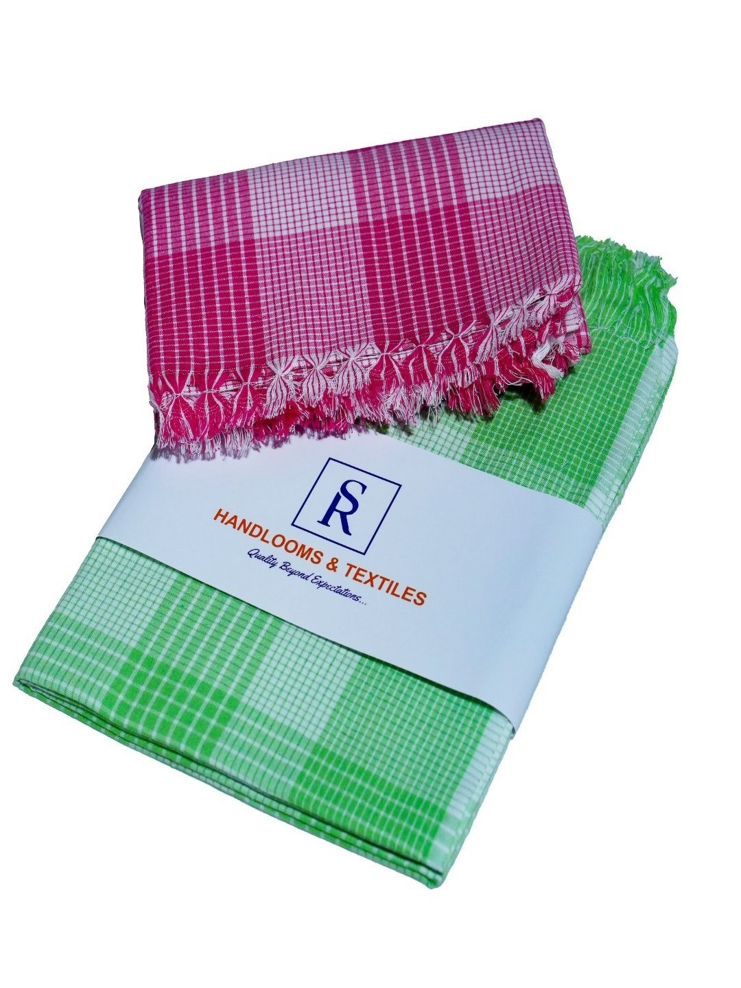 SR HANDLOOMS AND TEXTILES Pink & Green 2 Pieces Striped Pure Cotton 400 GSM Bath Towels