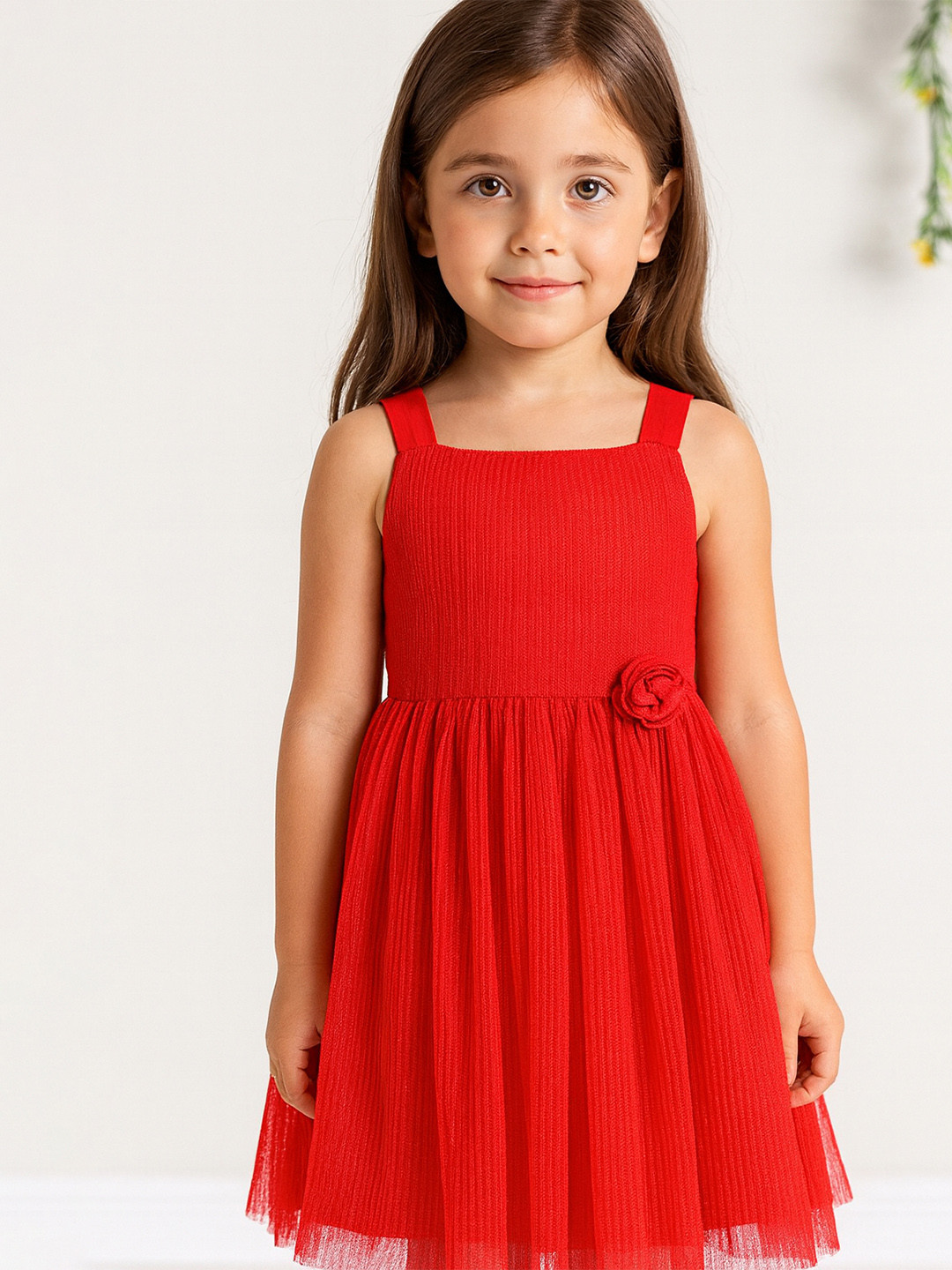KidsDew Shoulder Strap Neck Self Design Gathered And Pleated Fit & Flare Dress