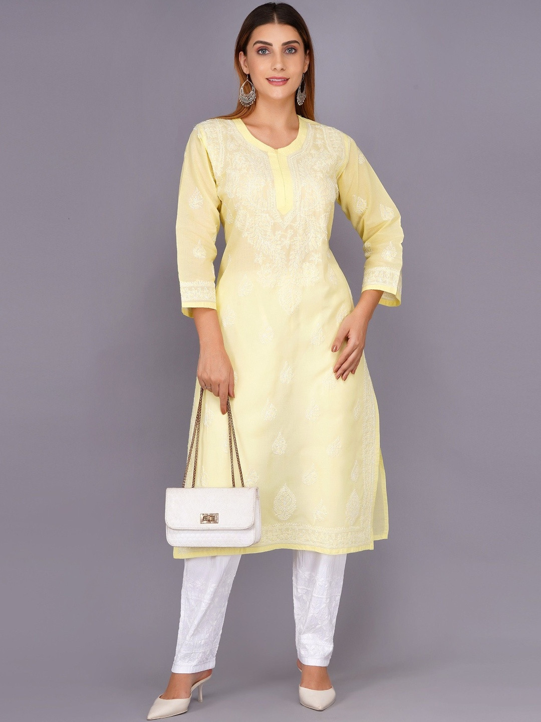 MRS RIGHT Women Yellow & White Chikankari Embroidered Round Neck Cotton Kurta