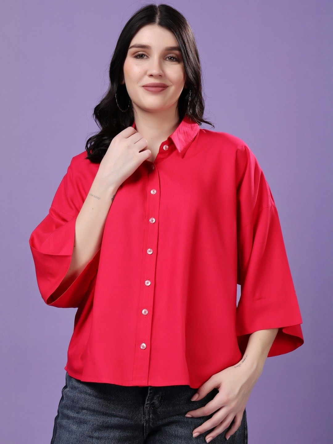 MJ LIFE STYLE Women Red Oversized Cotton Shirt