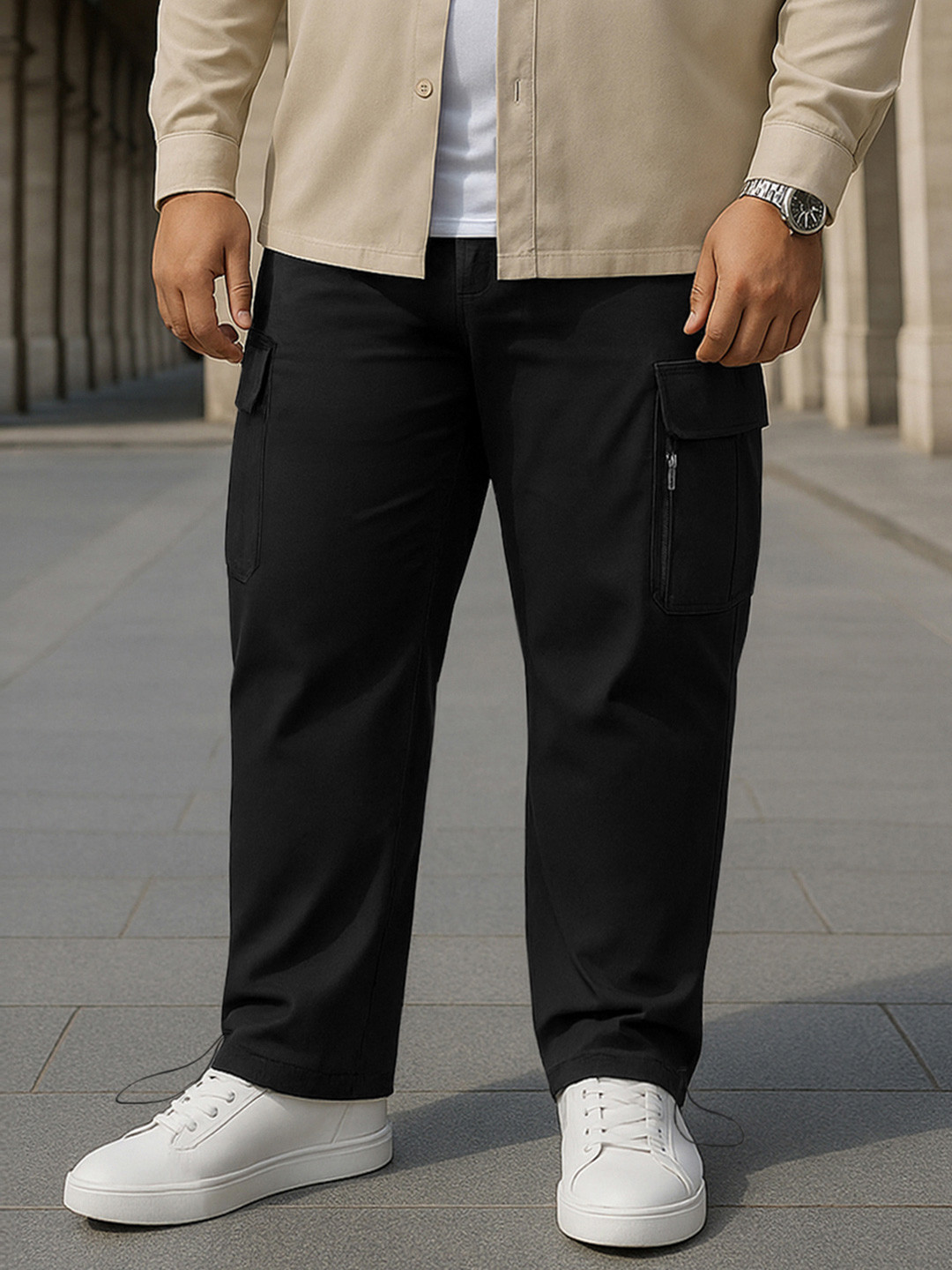 Bewakoof Men Jet Black Plus Size Nylon Cargo Parachute Pants