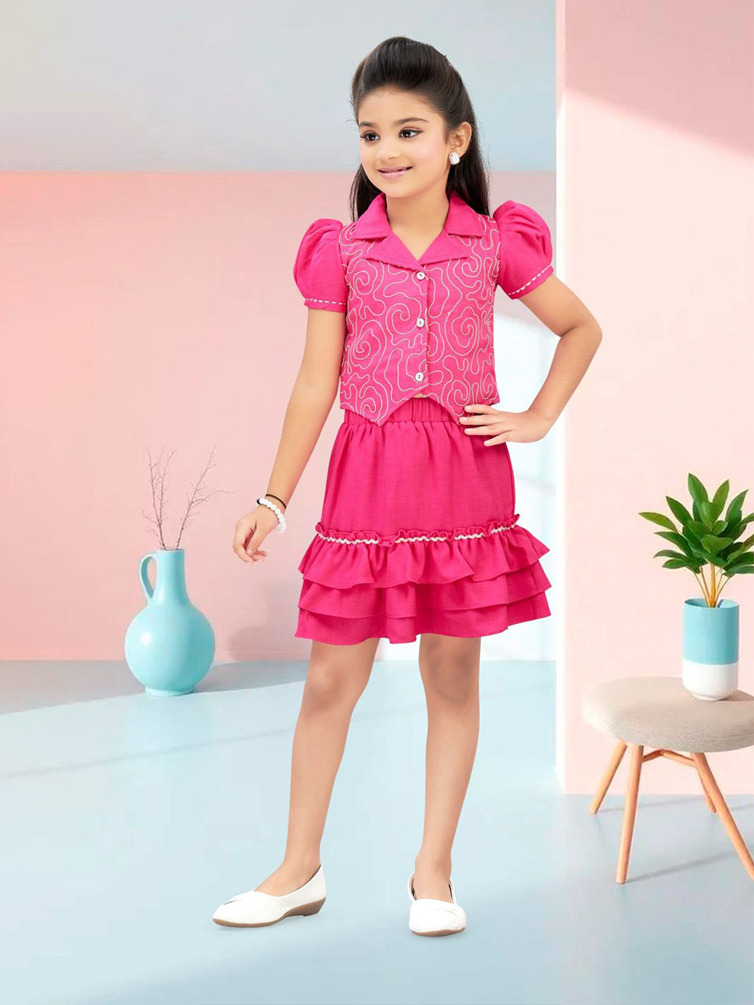 Lei-Chie Girls Embroidered Puff Sleeves Linen Shirt With Skirt
