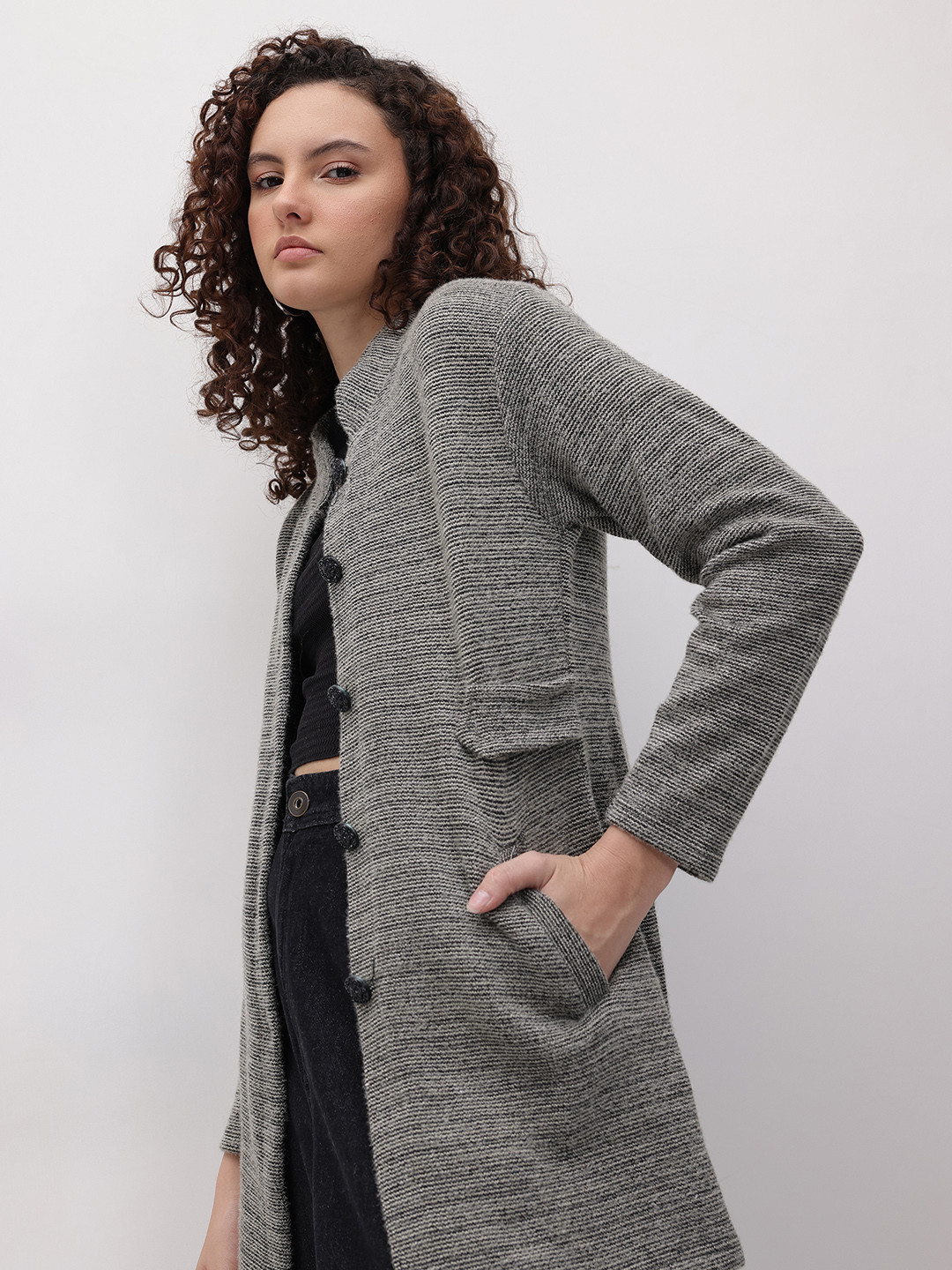 The Roadster Life Co. Heathered Effect Longline Woollen Button-Down Cardigan