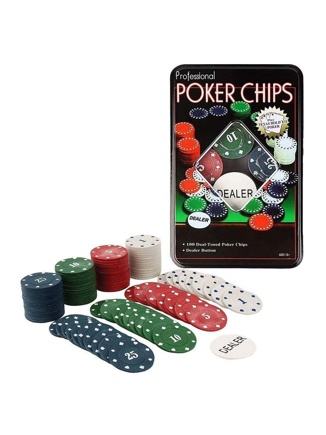 Kidoyz 100 Pcs Classic Gambling Chips with Dealer Button in Tin Case