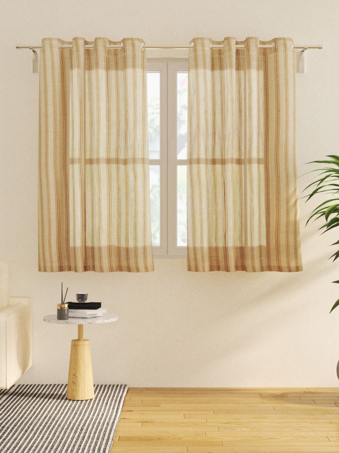 Home Centre Chanderi Umber Beige 2 Pieces Striped Sheer Window Curtains